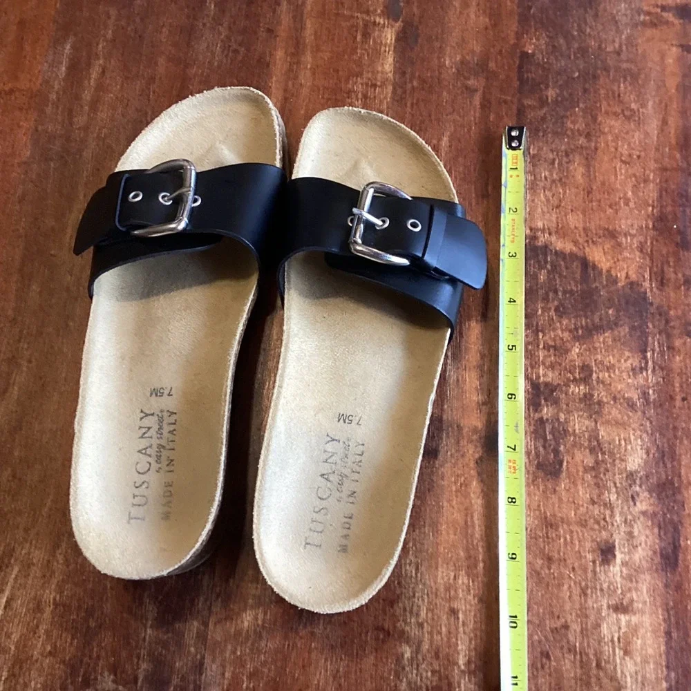Tuscany by Easy Street Black Buckle Cork Wedge Slide Sandals Made in Italy‎ 7.5M